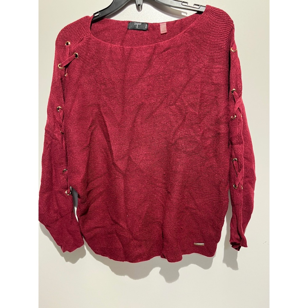 Tahari T Petite Wine Red Lace Up Sleeve Boat Neck Textured Knit Sweater PL